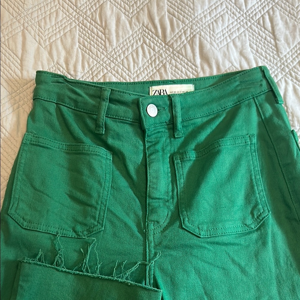 Zara size 2 Green Frayed hem straight leg denim Jeans - Picture 5 of 6